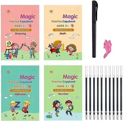 Magic Book for Kids (4 Books 1 Pen 1 Hand Grip 10 Refill) Calligraphy Practice Copy Self Deleting Text book Practice Hand Writing and Pen Using Skills Reusable Writing Text Book For Kids age 3+