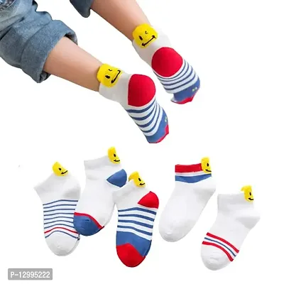 MOMISY 5 Pairs Baby Girl Boys Tube Socks Toddlers Infant Solid Color Boat Spring and Autumn Socks Stretch Baby Socks (SmileyStriped, 9 Year to 12 Year)-thumb0