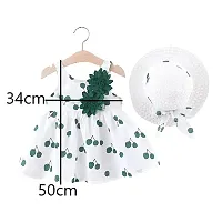 MOMISY Backless Frock with Straw Hat Flower Cherry Print Sleeveless Girl Kids-Green and White, Size: L, 3-4Years-thumb1