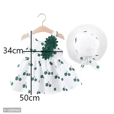 MOMISY Backless Frock with Straw Hat Flower Cherry Print Sleeveless Girl Kids-Green and White, Size: L, 3-4Years-thumb2