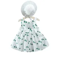 MOMISY Baby Backless Frock Dress with Straw Hat Flower Cherry Print Cotton Summer Sleeveless for Girl Kids-Green and White, Size: S, 1-2years-thumb4