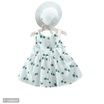 MOMISY Baby Backless Frock Dress with Straw Hat Flower Cherry Print Cotton Summer Sleeveless for Girl Kids-Green and White, Size: S, 1-2years-thumb5