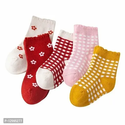 MOMISY 5 Pairs Baby Girl Boys Tube Socks Toddlers Infant Solid Color Boat Spring and Autumn Socks Stretch Baby Socks (Checks Flower, 3 Year to 5 Year)-thumb0