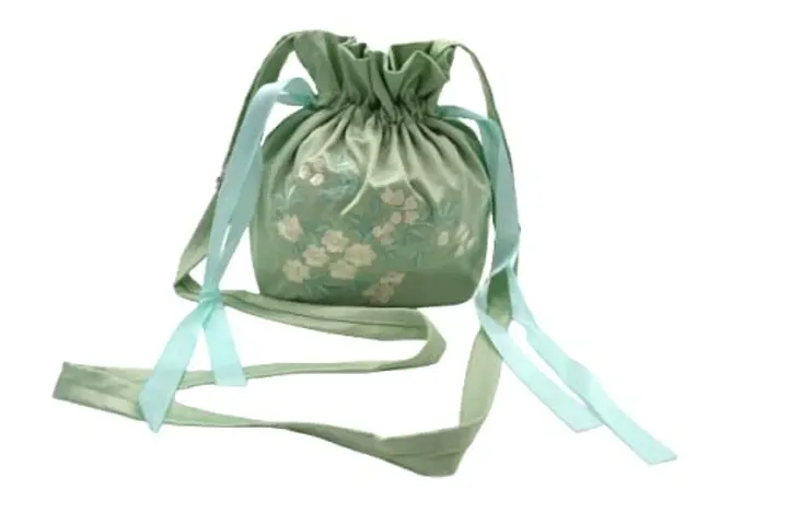 MOMISY Satin Clutch Drawstring Bag Polti Purse for Women and Girls Pull Belt Embroidery Han Clothing Bag Designer Ladies Purse Gift Handbag (Light Green)