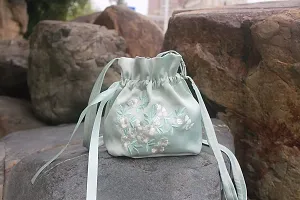 MOMISY Satin Clutch Drawstring Bag Polti Purse for Women and Girls Pull Belt Embroidery Han Clothing Bag Designer Ladies Purse Gift Handbag (Light Green)-thumb2