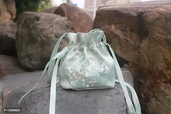 MOMISY Satin Clutch Drawstring Bag Polti Purse for Women and Girls Pull Belt Embroidery Han Clothing Bag Designer Ladies Purse Gift Handbag (Light Green)-thumb3