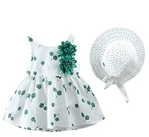 MOMISY Baby Backless Frock Dress with Straw Hat Flower Cherry Print Cotton Summer Sleeveless for Girl Kids-Green and White, Size: S, 1-2years-thumb2