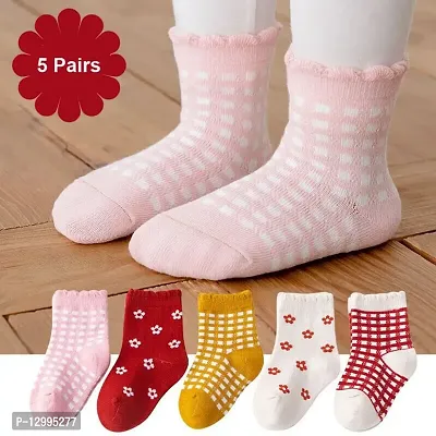 MOMISY 5 Pairs Baby Girl Boys Tube Socks Toddlers Infant Solid Color Boat Spring and Autumn Socks Stretch Baby Socks (Checks Flower, 3 Year to 5 Year)-thumb5