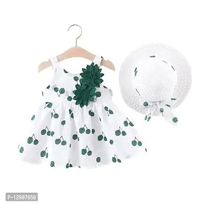 MOMISY Backless Frock with Straw Hat Flower Cherry Print Sleeveless Girl Kids-Green and White, Size: L, 3-4Years