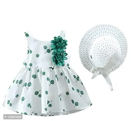 MOMISY Backless Frock with Straw Hat Flower Cherry Print Sleeveless Girl Kids-Green and White, Size: L, 3-4Years-thumb5