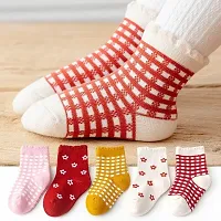 MOMISY 5 Pairs Baby Girl Boys Tube Socks Toddlers Infant Solid Color Boat Spring and Autumn Socks Stretch Baby Socks (Checks Flower, 3 Year to 5 Year)-thumb3