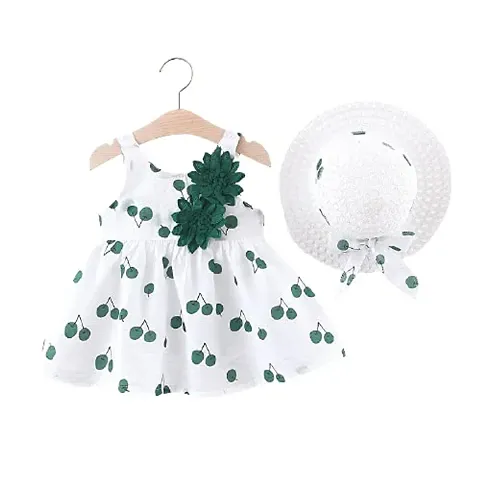 MOMISY Baby Backless Frock Dress with Straw Hat Flower Print Summer Sleeveless for Girl Kids-Green and White, Size: S, 1-2years