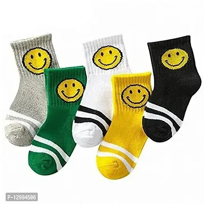 MOMISY 5 Pairs Baby Girl Boys Tube Socks Toddlers Infant Solid Color Boat Spring and Autumn Socks Stretch Baby Socks (Smiley, 9 Year to 12 Year)