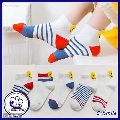 MOMISY 5 Pairs Baby Girl Boys Tube Socks Toddlers Infant Solid Color Boat Spring and Autumn Socks Stretch Baby Socks (SmileyStriped, 9 Year to 12 Year)-thumb2