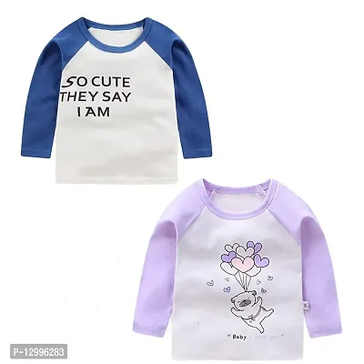 MOMISY Baby Boy and Girls Unisex Full Raglan Long Sleeve Round Neck T-Shirt-Pack of 2, Cute and Heart, 3-9months, White Blue Pink