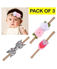 MOMISY Headbands Flowers Soft Synthetic Hairbands for Baby Girls, Infants and Toddlers, Pack of 3 - Multicolor (Free Size, Pink White Silver)-thumb1