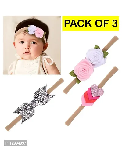 MOMISY Headbands Flowers Soft Synthetic Hairbands for Baby Girls, Infants and Toddlers, Pack of 3 - Multicolor (Free Size, Pink White Silver)-thumb2