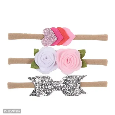 MOMISY Headbands Flowers Soft Synthetic Hairbands for Baby Girls, Infants and Toddlers, Pack of 3 - Multicolor (Free Size, Pink White Silver)-thumb0