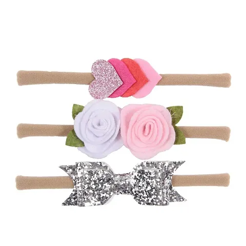 MOMISY Headbands Flowers Soft Synthetic Hairbands for Baby Girls, Infants and Toddlers, Pack of 3 - (Free Size, Silver)