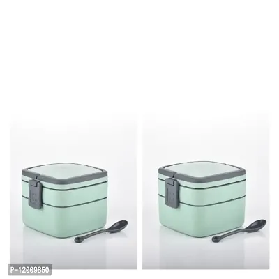 LUNCH BOX ndash; SNACK BOX lsquo;BENTO-GREYrsquo; SET OF 2 PIECES--WITH 2 BIG COMPARTMENT, SPOON-PUSH LOCK  HANDLE, LUNCH BOX FOR IDEAL RETURN GIFT LUNCHBOX FOR SCHOOL KIDS  CHARITY DONATION, OFFICE LUNCH BOX-thumb0