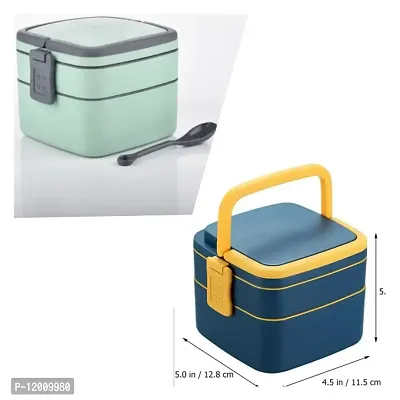 LUNCH BOX 2 PIECE SET OF BENTO-GREY  BLUE WITH 2 BIG COMPARTMENT, SPOON-PUSH LOCK  HANDLE, LUNCH BOX FOR IDEAL RETURN GIFT LUNCHBOX FOR SCHOOL KIDS  CHARITY DONATION,OFFICE LUNCH BOX, SNACK BOX-thumb0