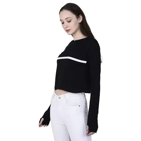 Women Thumbhole Round Neck Crop Top