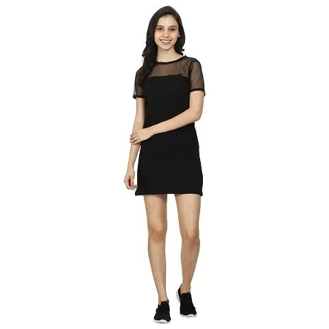 ROARERS Women Black NET Sleeves Cotton Tshirt Bodycon Trending Dress
