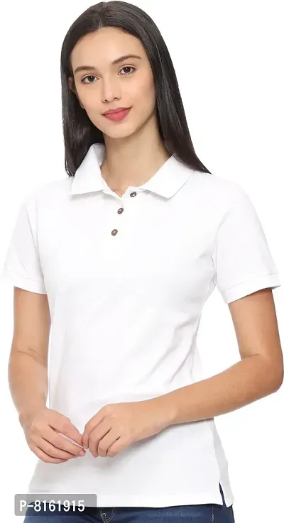 ROARERS Women Polo Neck White Pique Half Sleevess Cotton T-Shirt-thumb3