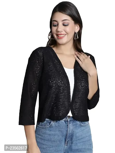 Women? Self Design Lace Regular Front Open Shrug (FM-SHRG-18_N) Black-thumb0