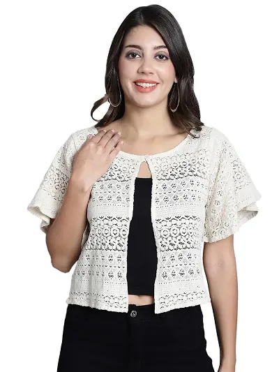 Fine Me Women? Self Design Lace Regular Round Shrug (FM-SHRG-07-7XL) Cream