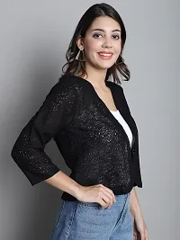 Women? Self Design Lace Regular Front Open Shrug (FM-SHRG-18_N) Black-thumb4