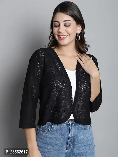 Women? Self Design Lace Regular Front Open Shrug (FM-SHRG-18_N) Black-thumb3