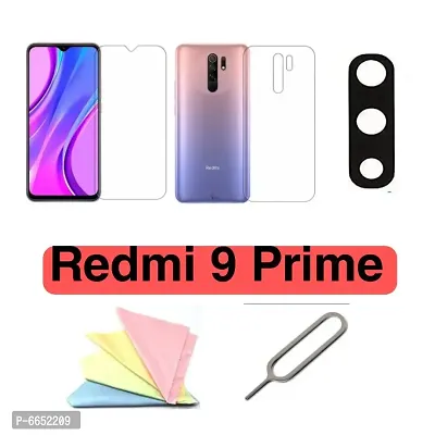 5 pcs Combo of REDMI9 PRIME Tempered glass, Back screen guard,camera glass lens,glass cleaner cloth And sim ejector pin