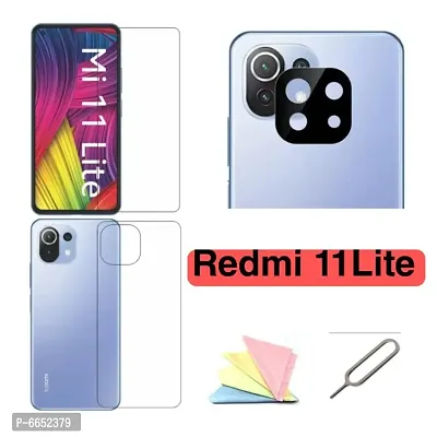 5 pcs Combo of REDMI11 LITE Tempered glass, Back screen guard,camera glass lens,glass cleaner cloth And sim ejector pin