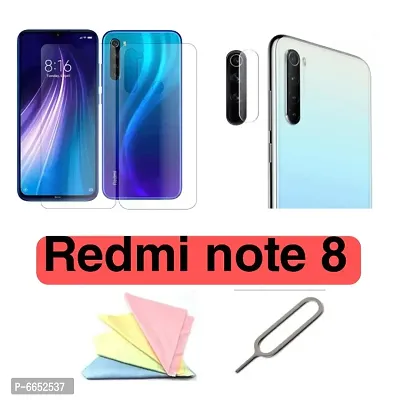 5 pcs Combo of REDMI NOTE8 Tempered glass, Back screen guard,camera glass lens,glass cleaner cloth And sim ejector pin