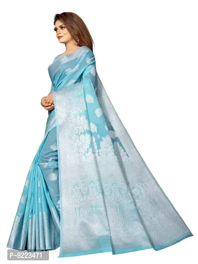 Stunning Latest Design Sky Blue Cotton Silk Women Saree with Blouse Piece-thumb2