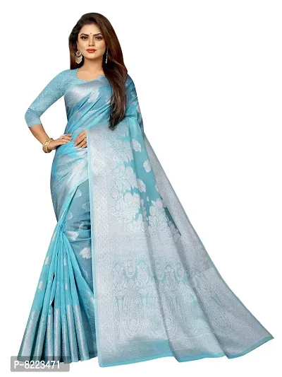 Stunning Latest Design Sky Blue Cotton Silk Women Saree with Blouse Piece-thumb0