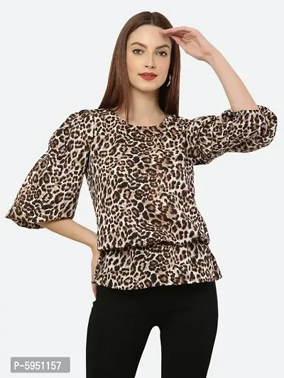 Style House Trendy Women's Brown Color Animal Print Crepe Top-thumb0