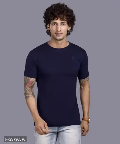 Reliable Navy Blue Cotton Blend Solid Round Neck Tees For Men-thumb0