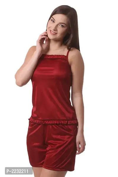 Maroon Satin Solid Top  Shorts Set-thumb0