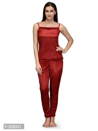 Maroon Satin Solid Top  Pyjama Set-thumb0