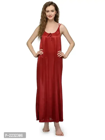 Maroon Satin Solid Long Nighty