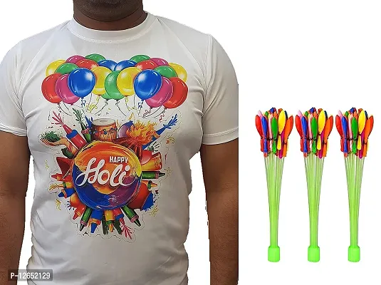 F&N Home Decor Holi Free Size Round Neck T-Shirt with Holi Magic Bunch Water Balloon Kit - Fill & Tie in 60 Second For Kids Hassle Free Celebration,Party Items for Adults and Kids Tshirt Color-White