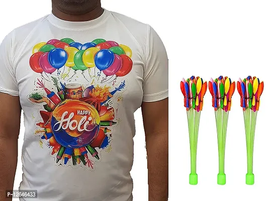 F&N Home Decor Holi Free Size Round Neck T-Shirt with 111 Water Balloons Combo Pack, Pool Party Items for Adults and Kids Tshirt Color-White