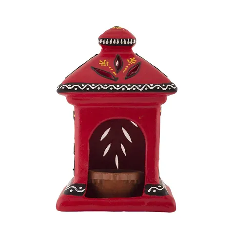 Handmade Clay Hut Lamp / Tealight / Oil Lamps for Puja (RED)