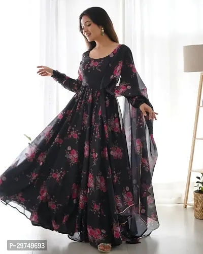 Elegant Black Georgette Printed Gown With Dupatta For Women-thumb0