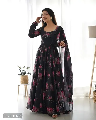 Elegant Black Georgette Printed Gown With Dupatta For Women-thumb4