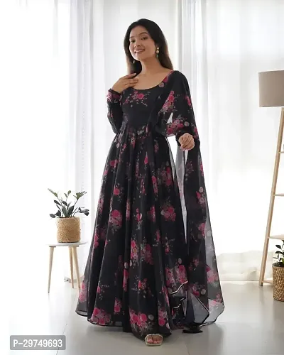 Elegant Black Georgette Printed Gown With Dupatta For Women-thumb5