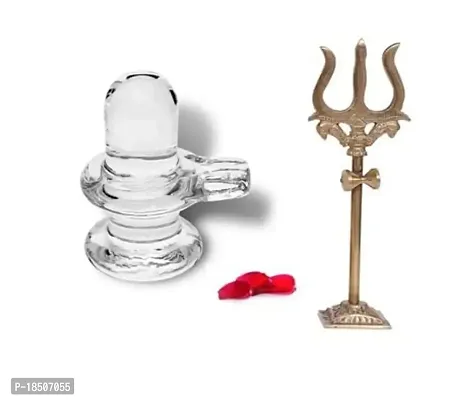 Crystal Sphatik Shivling with Shiv Brass Trishul for Temple, Home Puja-thumb0