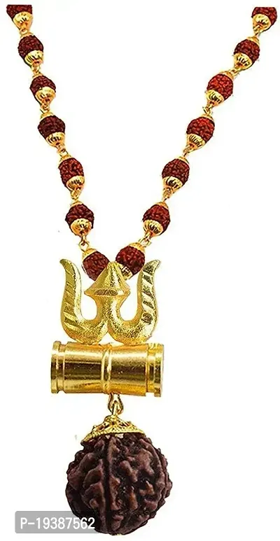Gold-Plated Brass, Wood Lord Shiv Trishul Damru Locket with Panchmukhi Rudraksha Mala for Men and Women